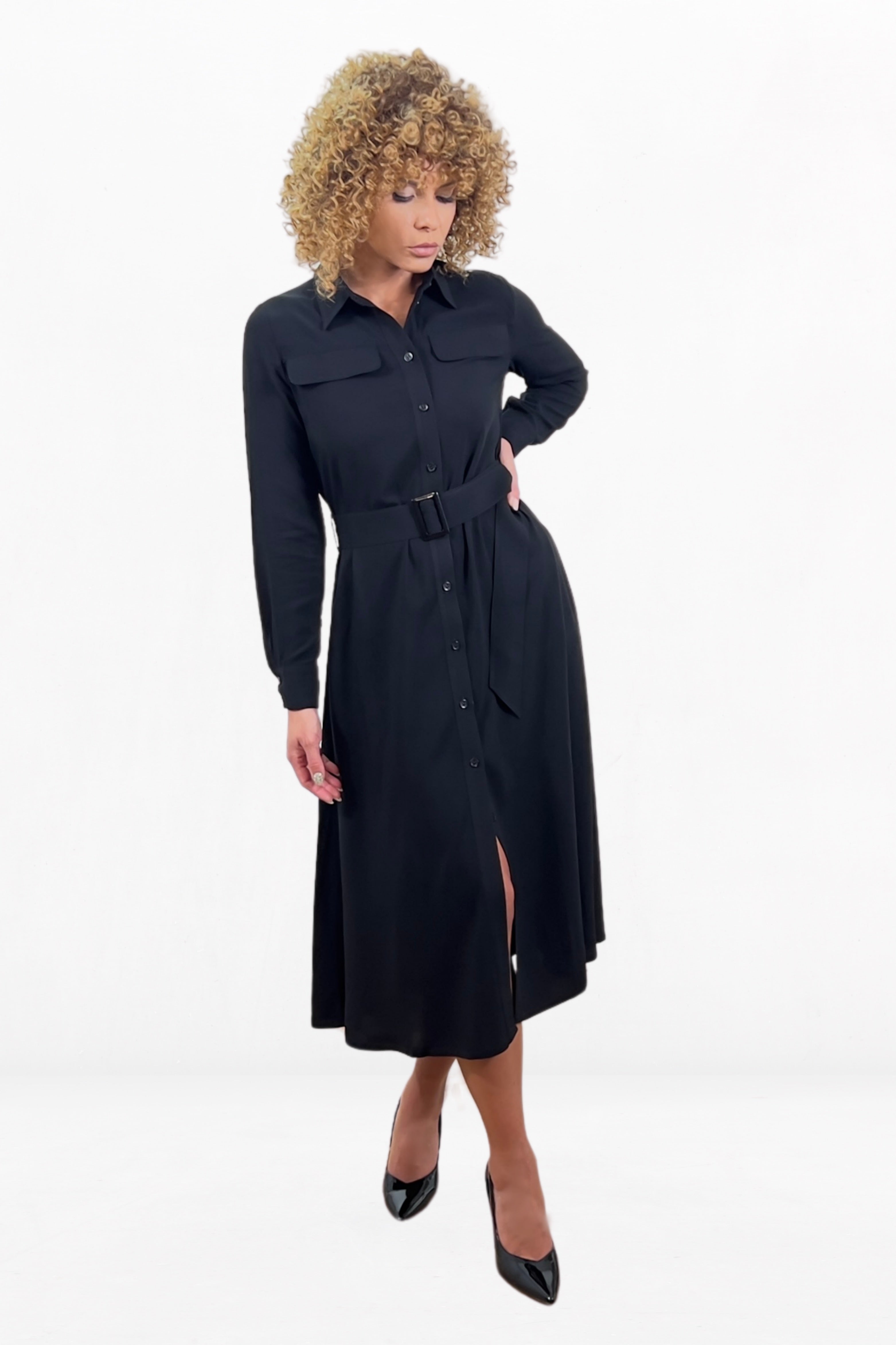 Belted Black Casual Shirt Dress With A line Silhouette Long Sleeves And Plastic Buckle Belted Waist