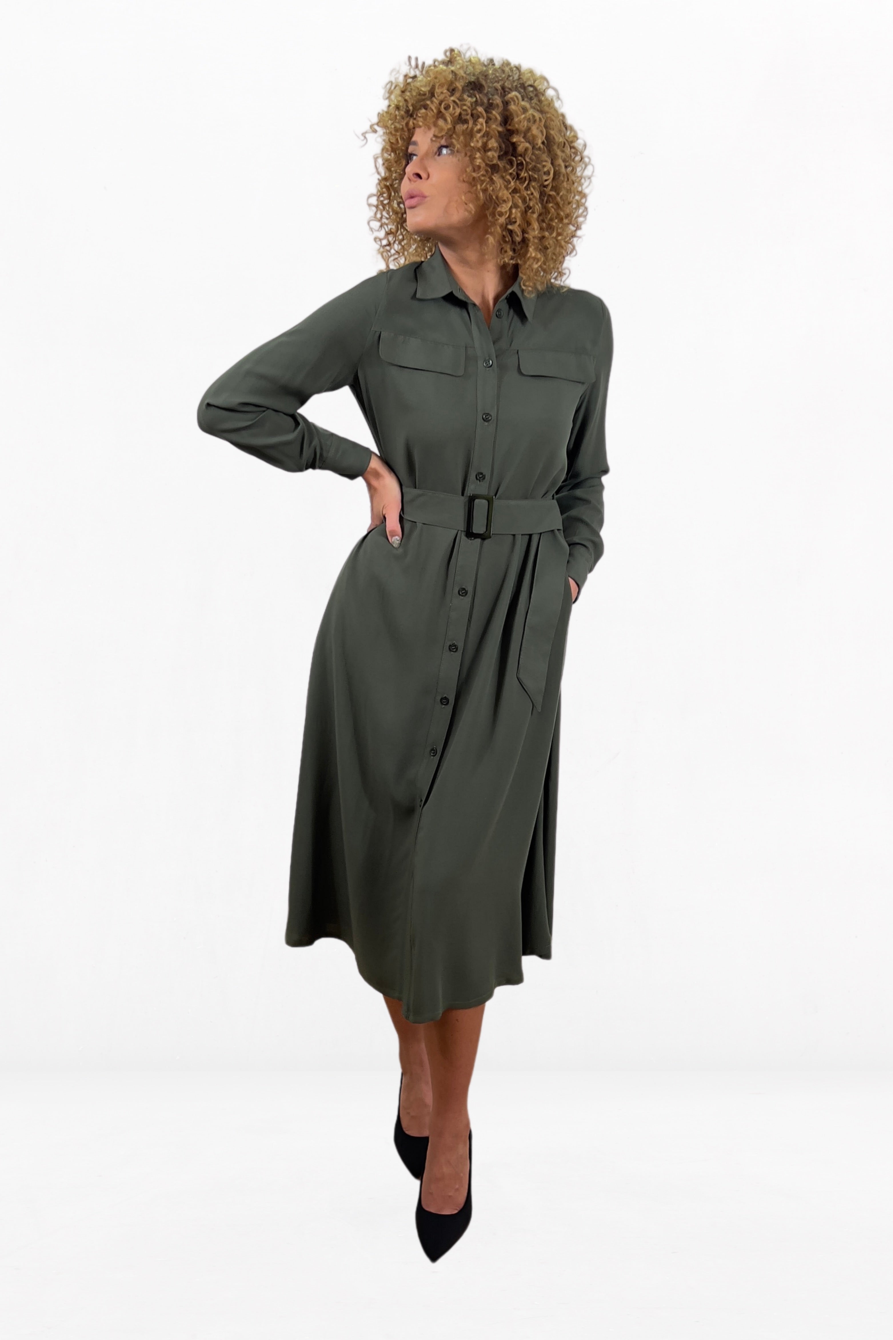 Belted Green Casual Shirt Dress With A-line Silhouette, Long Sleeves And Plastic Buckle Belted Waist