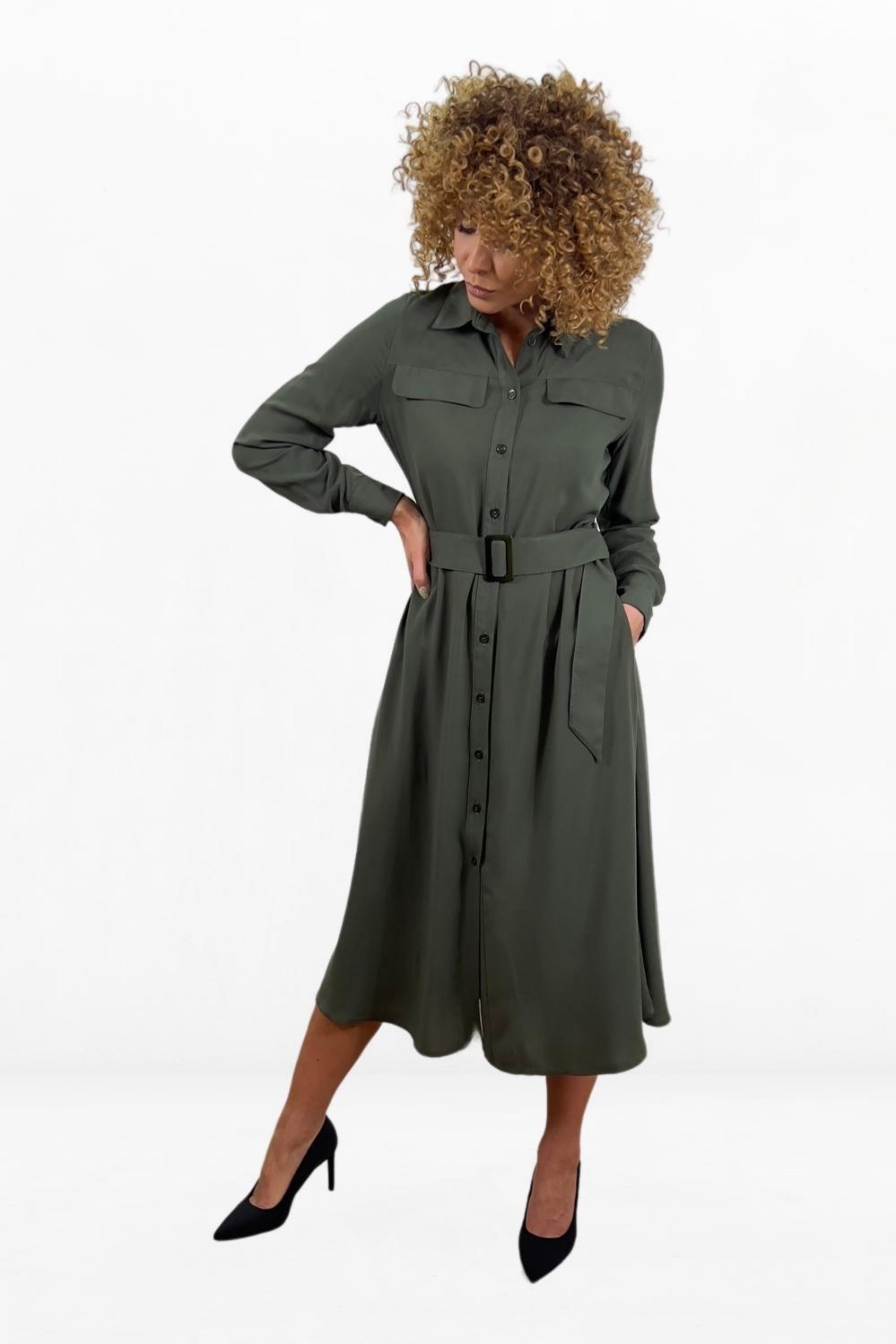 Belted Green Casual Shirt Dress With A-line Silhouette, Long Sleeves And Plastic Buckle Belted Waist