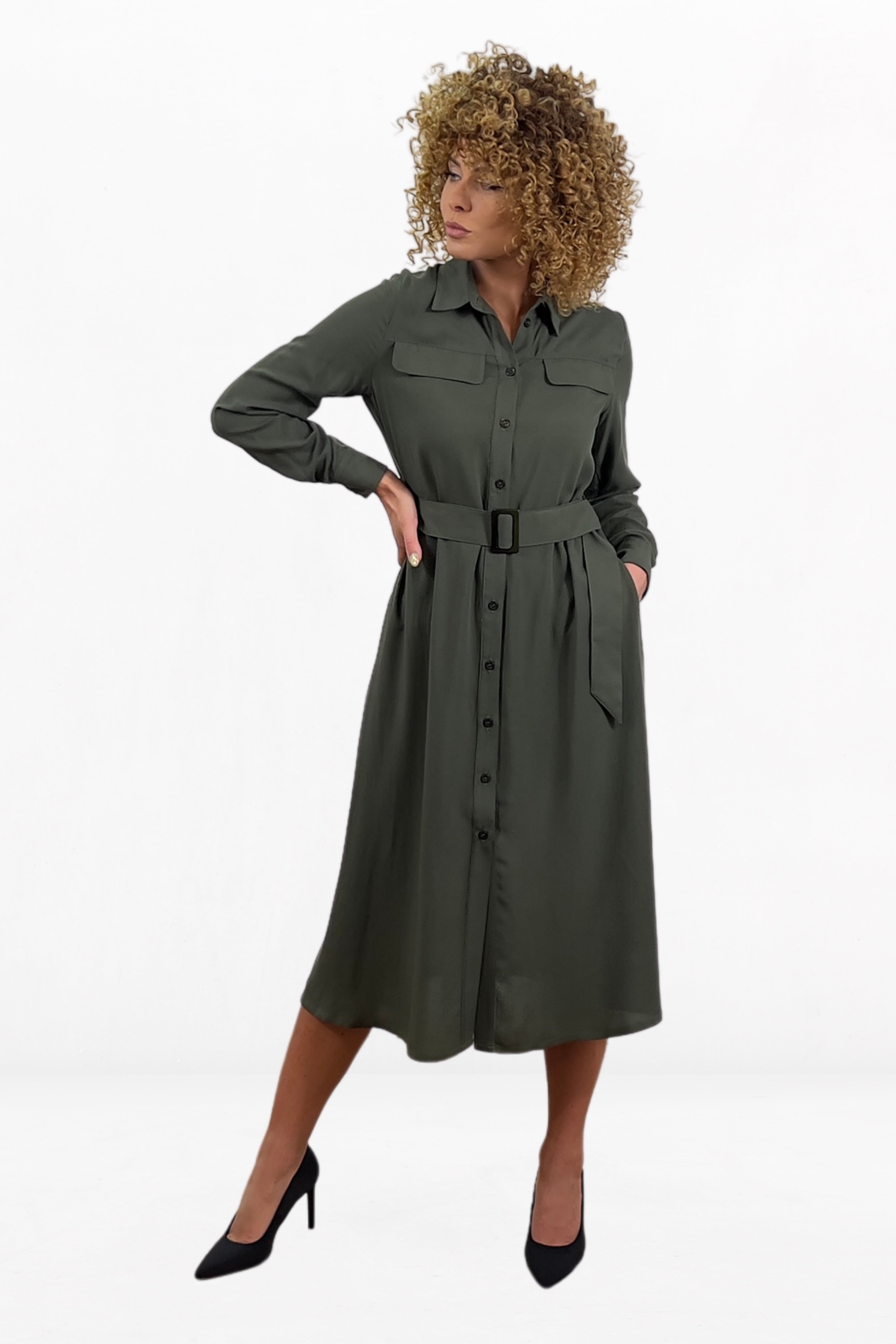 Belted Green Casual Shirt Dress With A-line Silhouette, Long Sleeves And Plastic Buckle Belted Waist