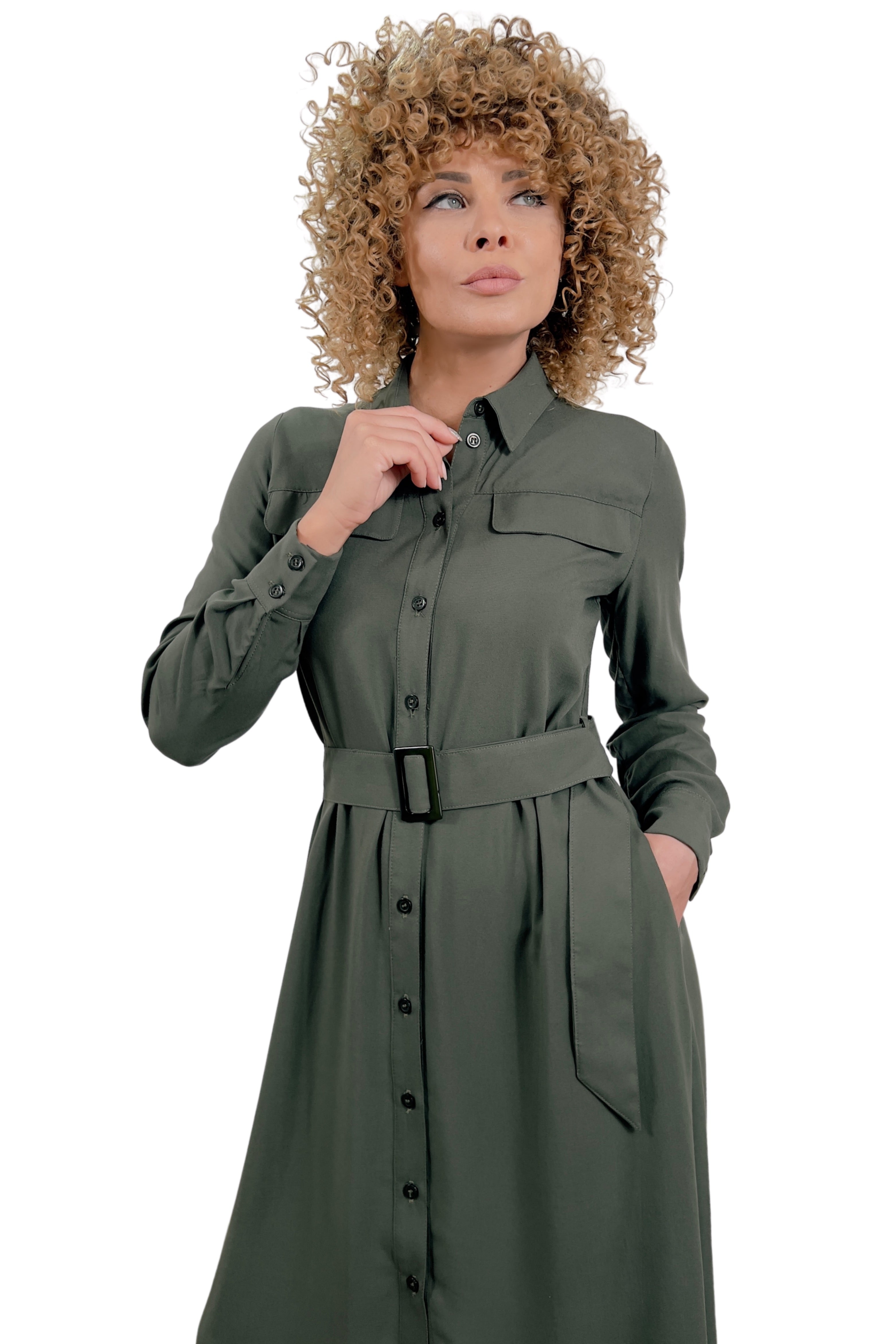 Belted Green Casual Shirt Dress With A-line Silhouette, Long Sleeves And Plastic Buckle Belted Waist