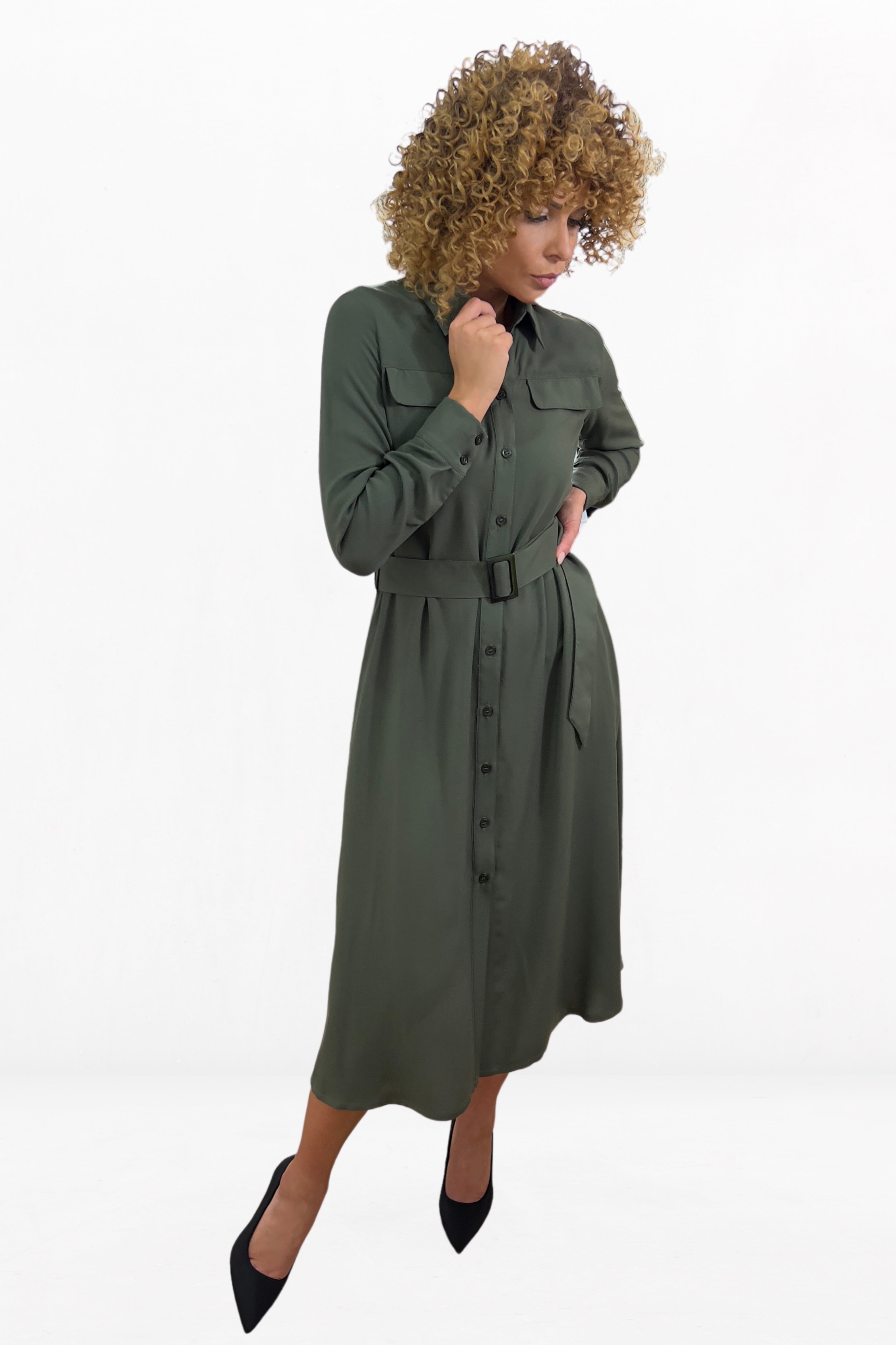 Belted Green Casual Shirt Dress With A-line Silhouette, Long Sleeves And Plastic Buckle Belted Waist