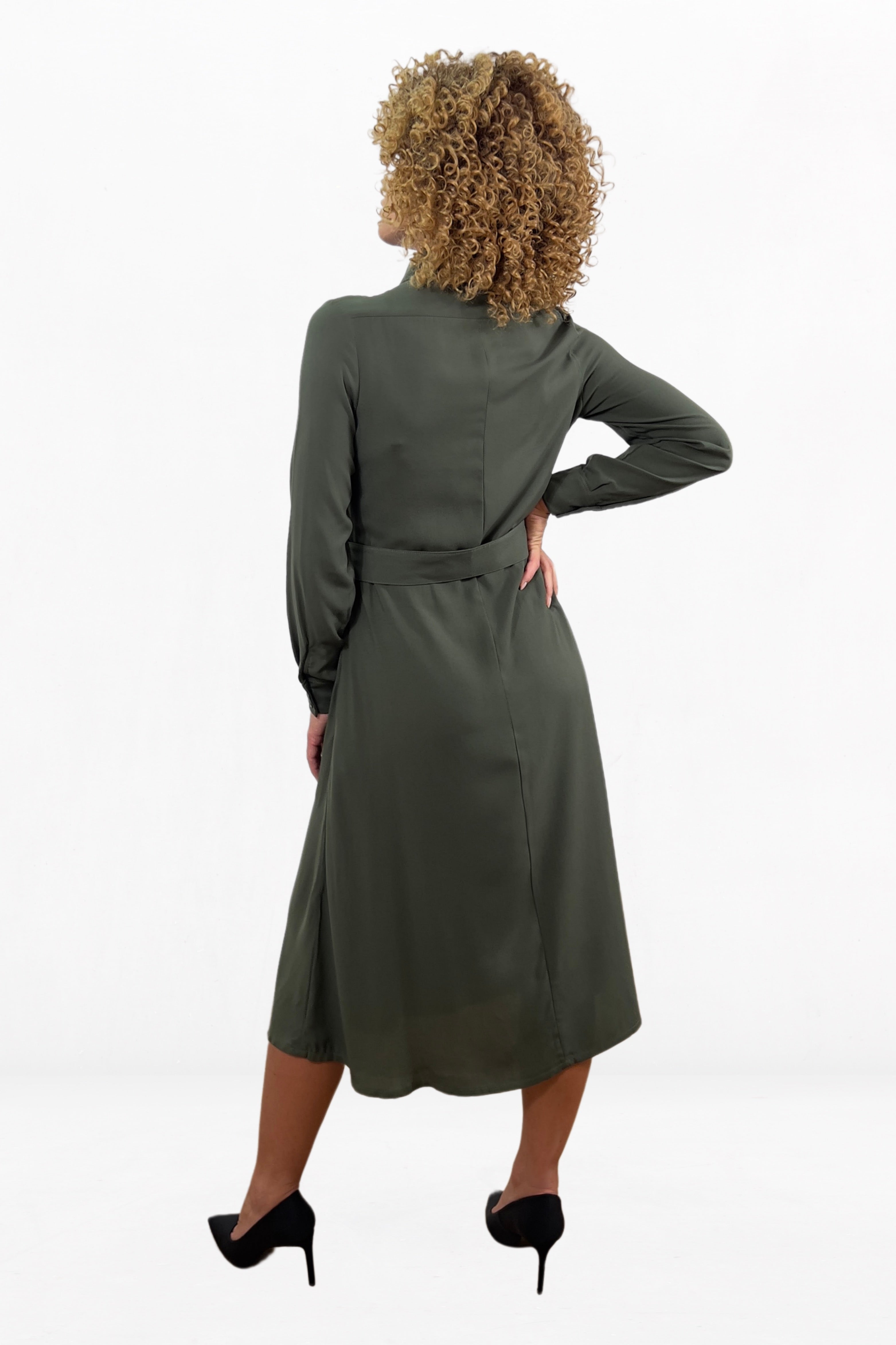 Belted Green Casual Shirt Dress With A-line Silhouette, Long Sleeves And Plastic Buckle Belted Waist