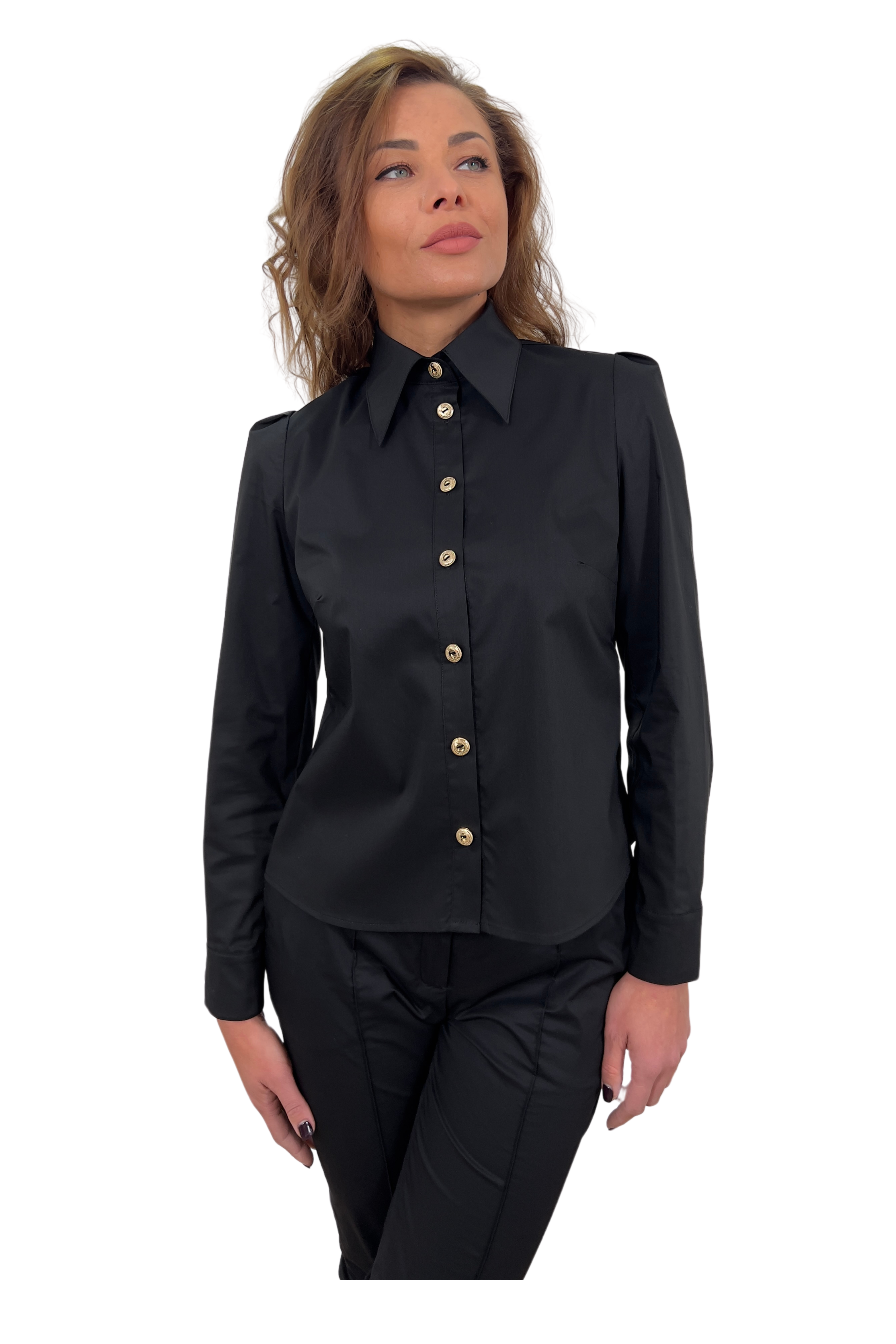 Black Women's Cotton Shirt with Long Sleeves & Gold Buttons | Elegant Business Attire JUDALINI Black Women's Cotton Shirt with Long Sleeves & Gold Buttons | Elegant Business Attire JUDALINI