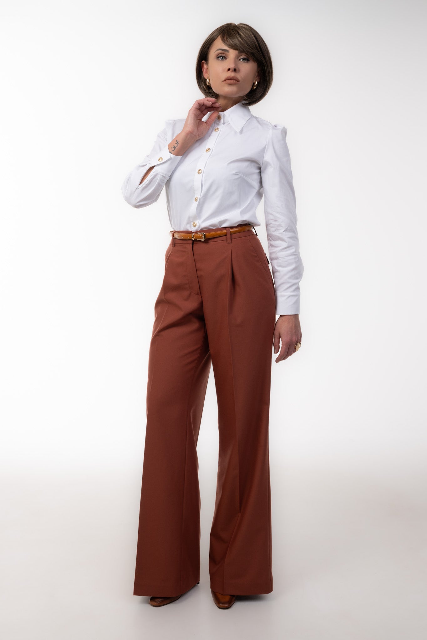Brown High Waist Pleated Trousers for Women | Wide Leg Work Pants JUDALINI Brown High Waist Pleated Trousers for Women | Wide Leg Work Pants JUDALINI