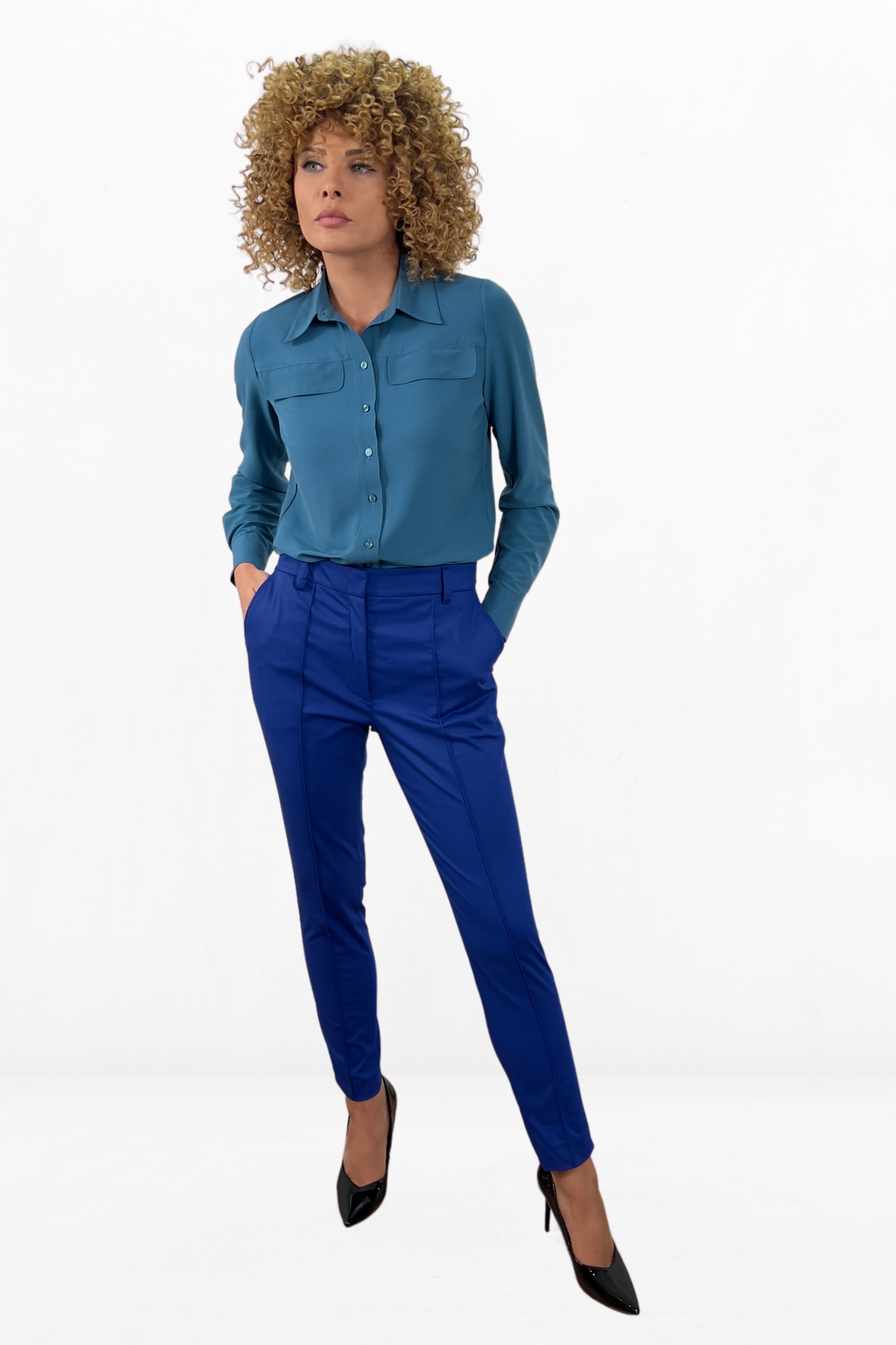 Elegant Tapered Office Pants High Waisted With Pockets Urban Trousers in King Blue Color