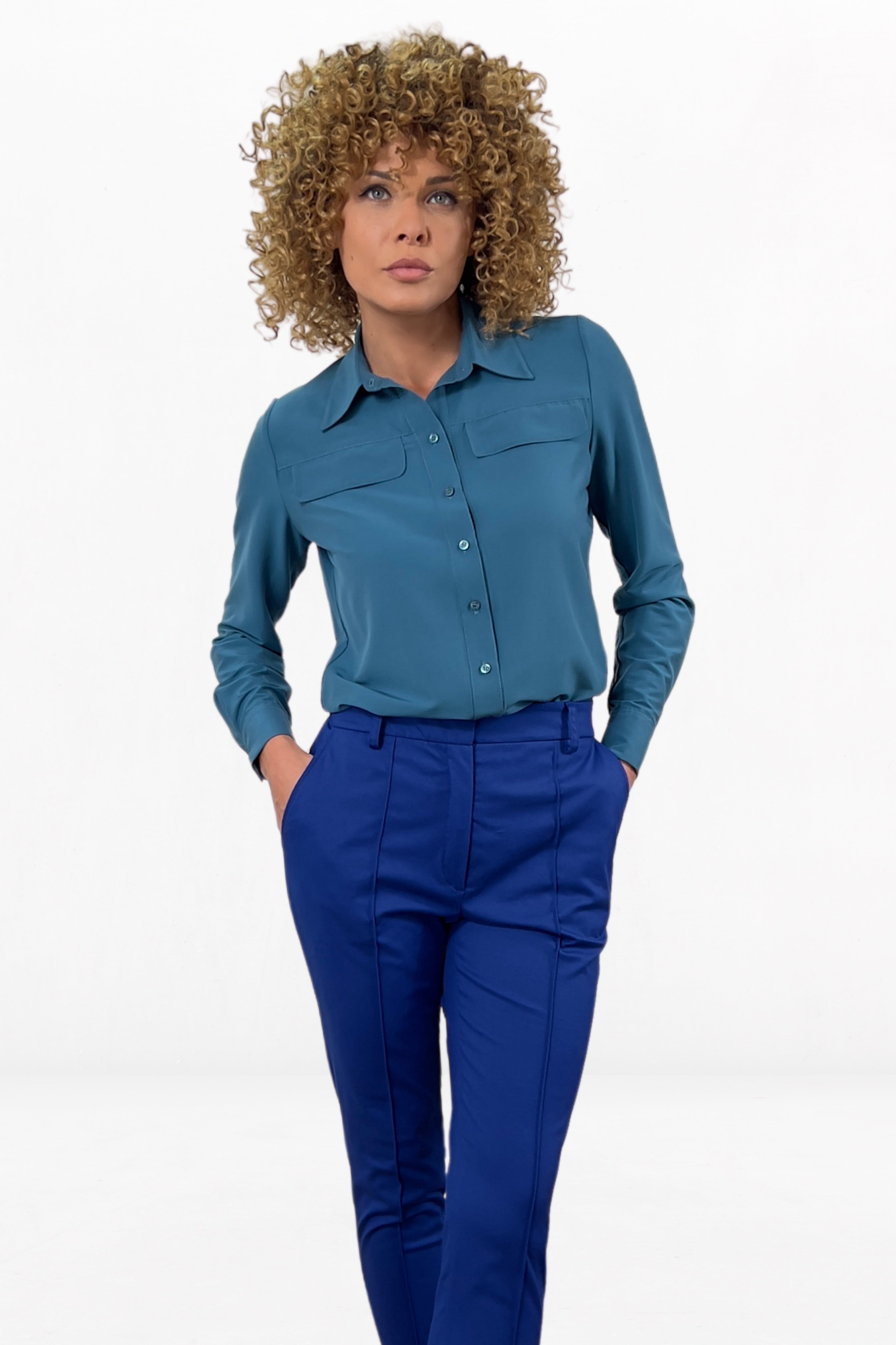 Elegant Tapered Office Pants High Waisted With Pockets Urban Trousers in King Blue Color