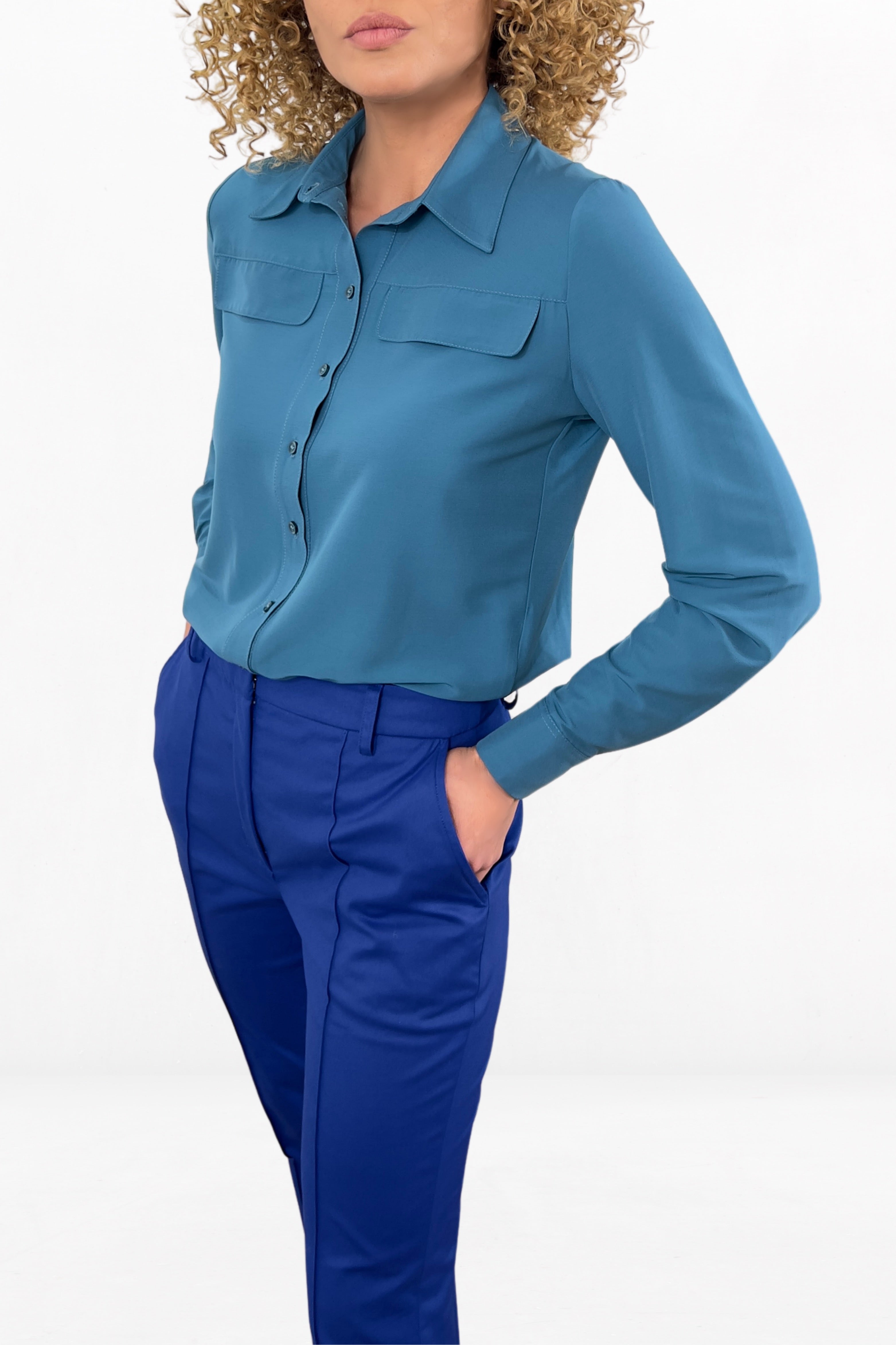 Elegant Tapered Office Pants High Waisted With Pockets Urban Trousers in King Blue Color