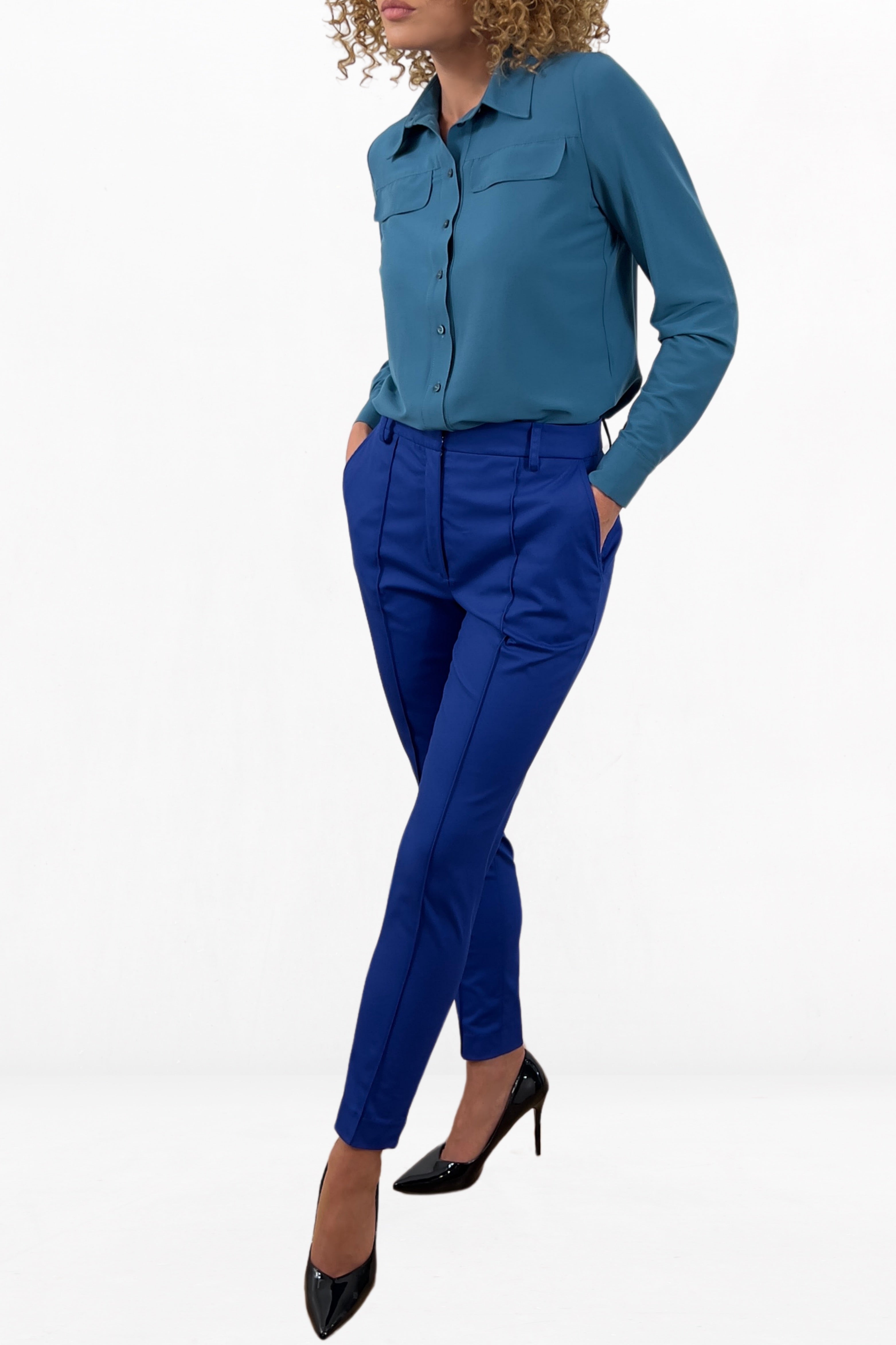 Elegant Tapered Office Pants High Waisted With Pockets Urban Trousers in King Blue Color