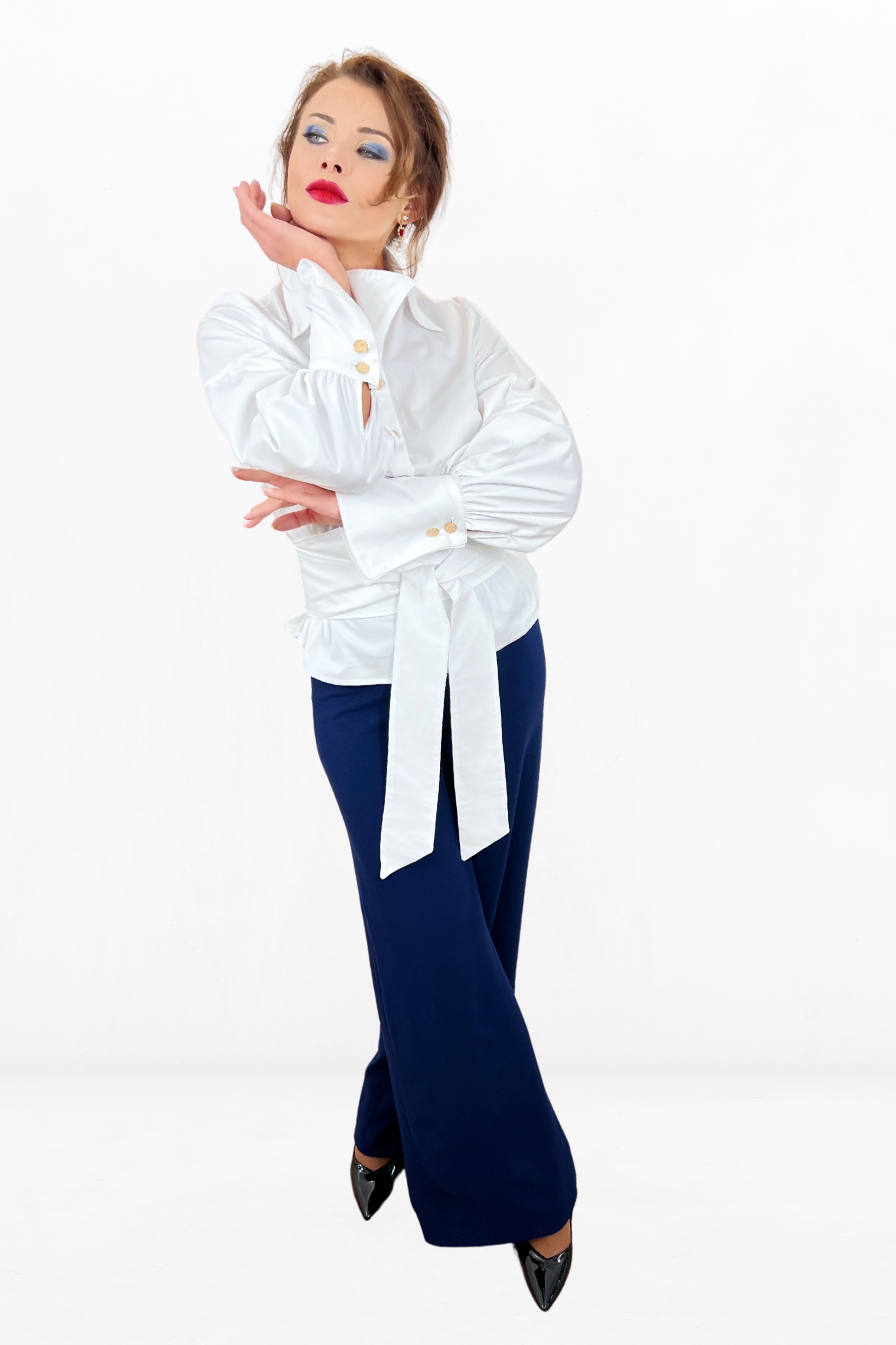Elegant Handmade White Women's Cotton Shirt With Long Bishop Sleeves And Gold Buttons
