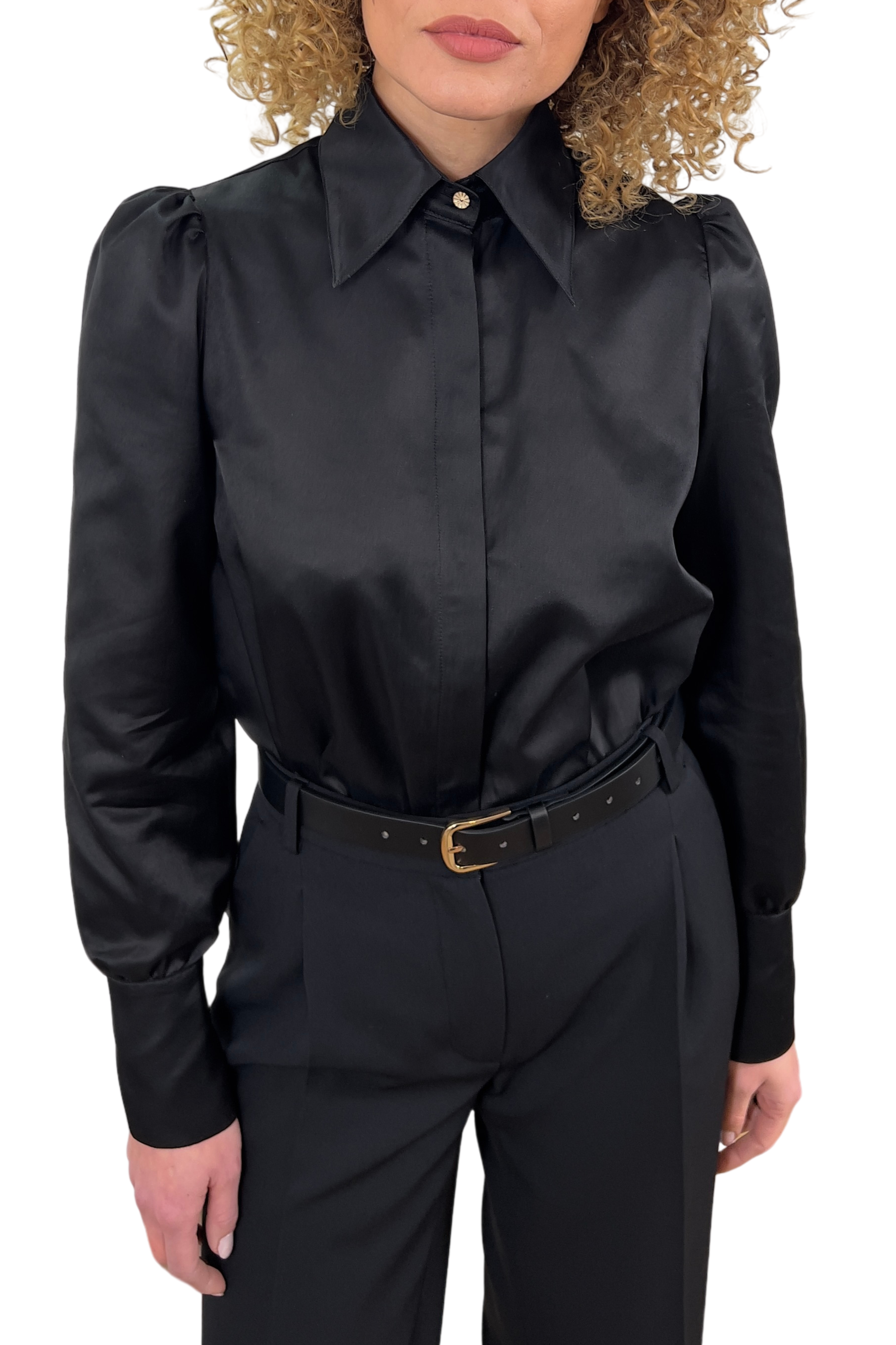 Elegant Black Women's Silk Blend Shirt with Accent Button