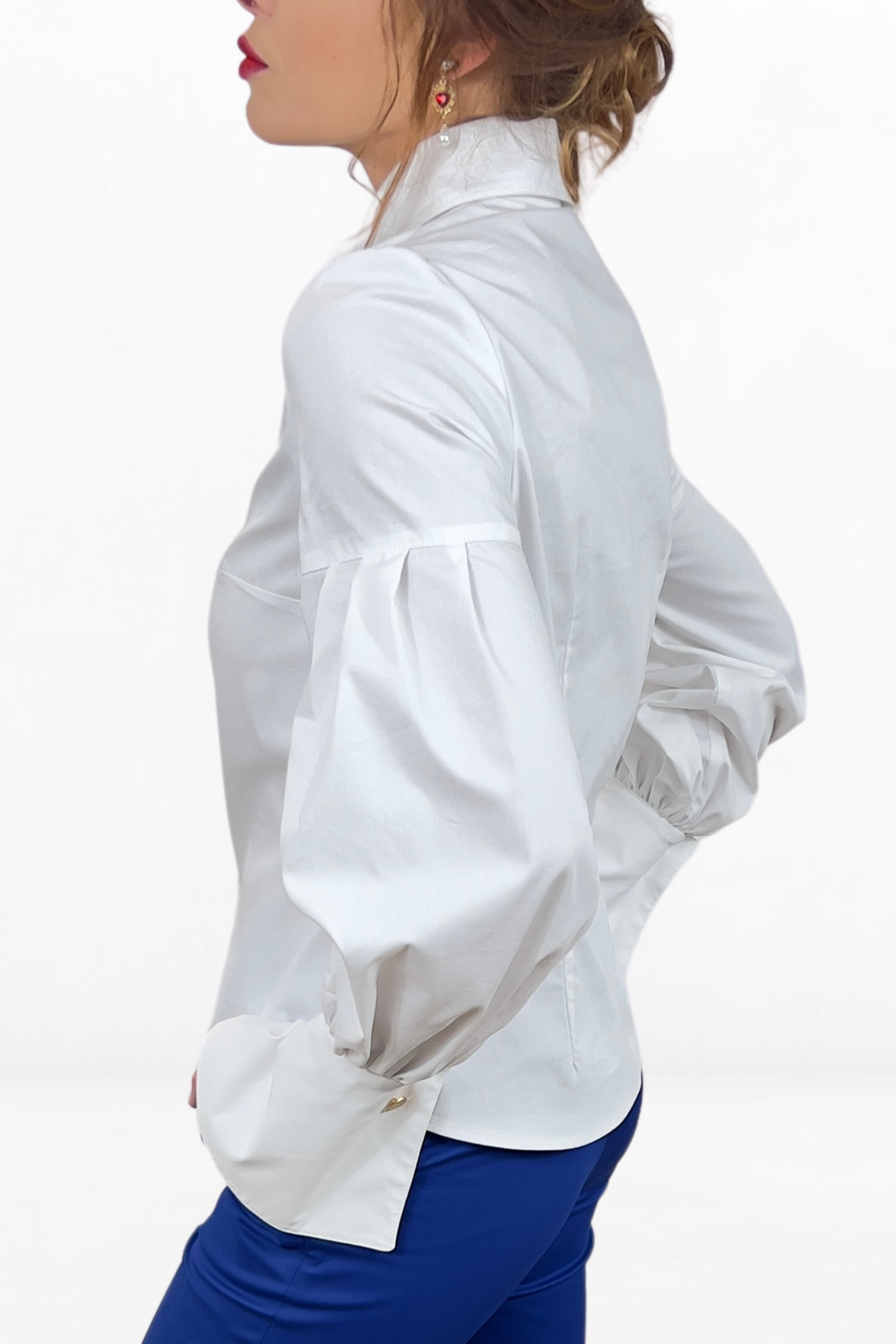 Elegant Handmade White Women's Cotton Shirt With Long Bishop Sleeves And Gold Buttons
