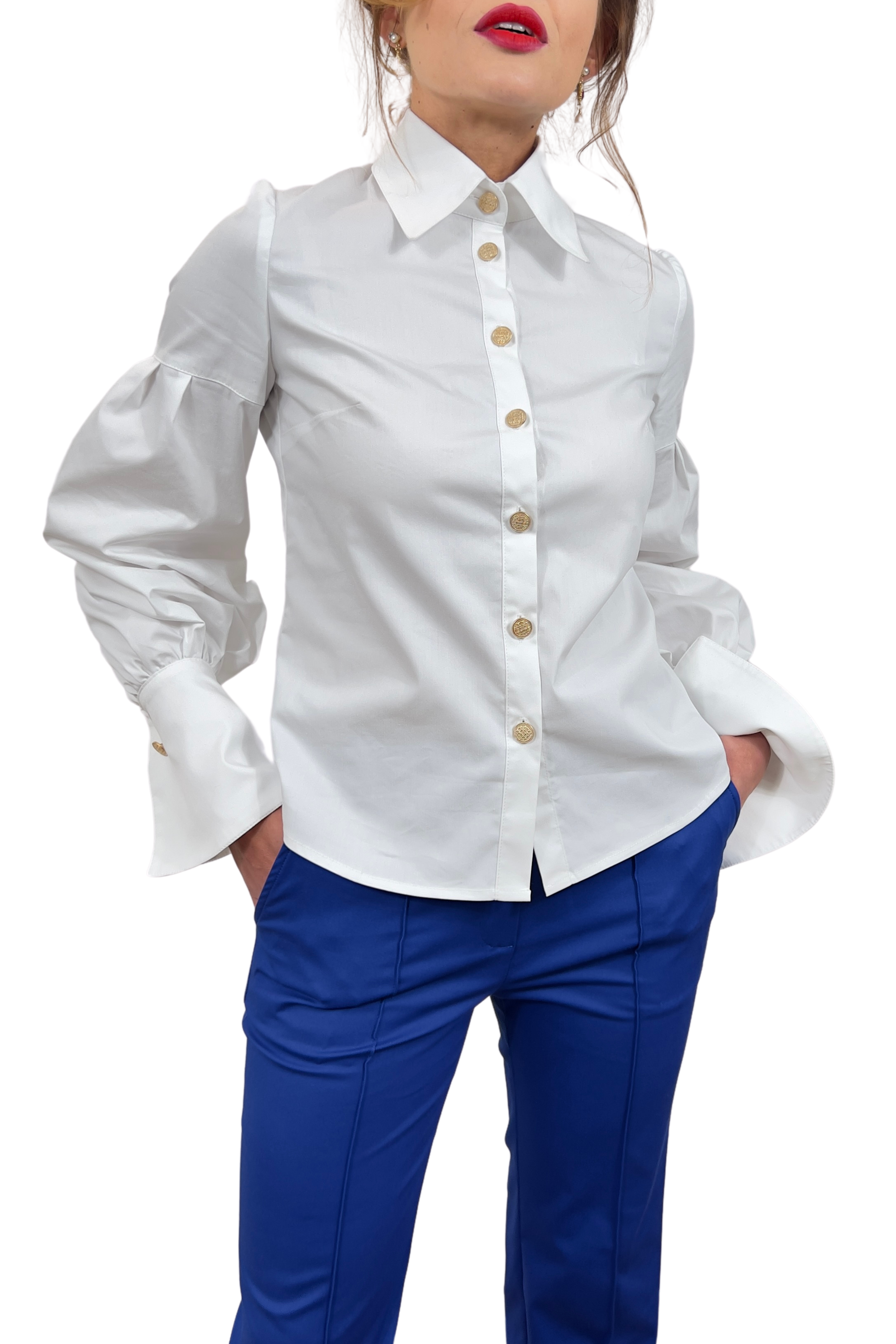 Elegant Handmade White Women's Cotton Shirt With Long Bishop Sleeves And Gold Buttons