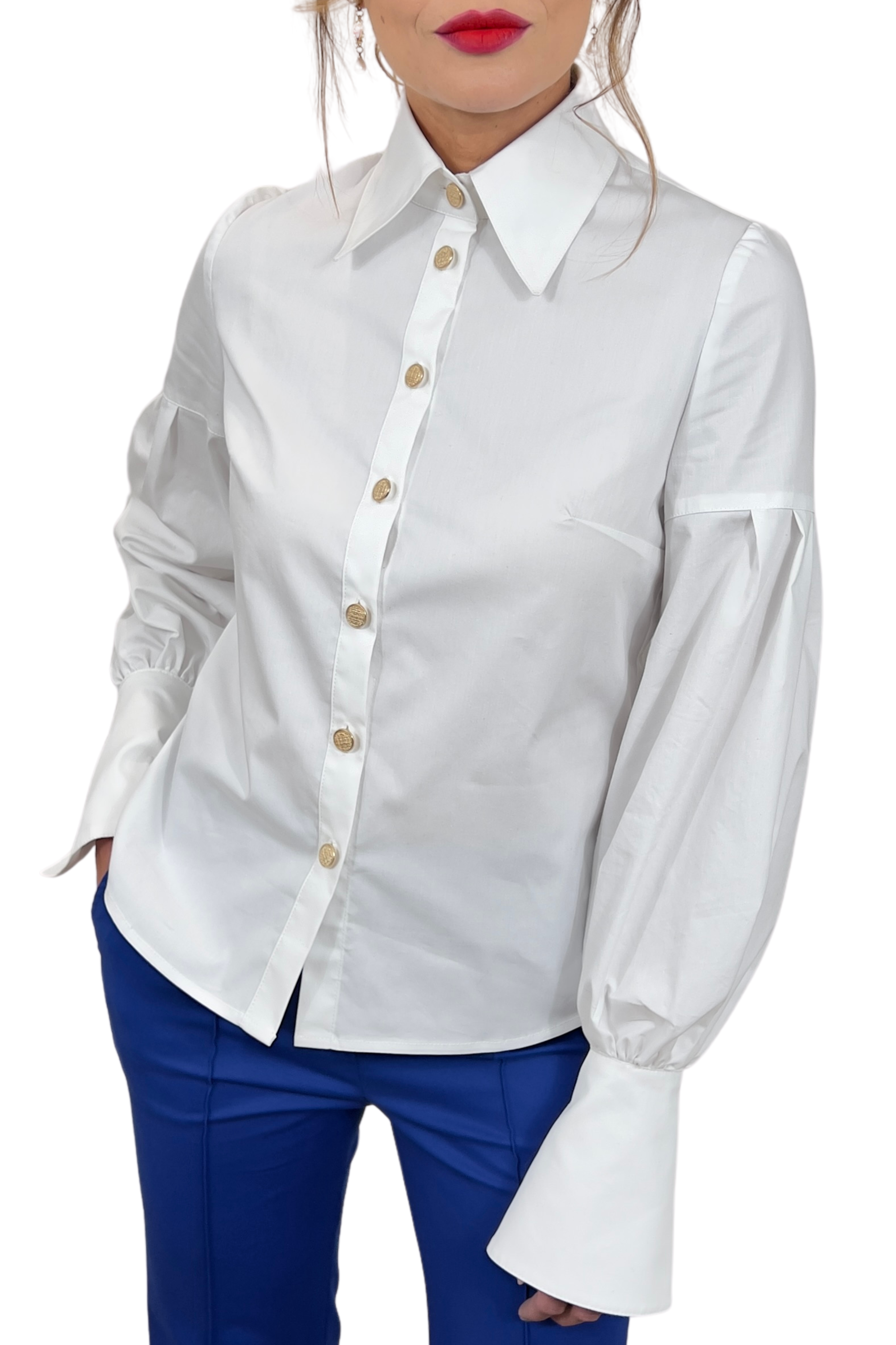 Elegant Handmade White Women's Cotton Shirt With Long Bishop Sleeves And Gold Buttons