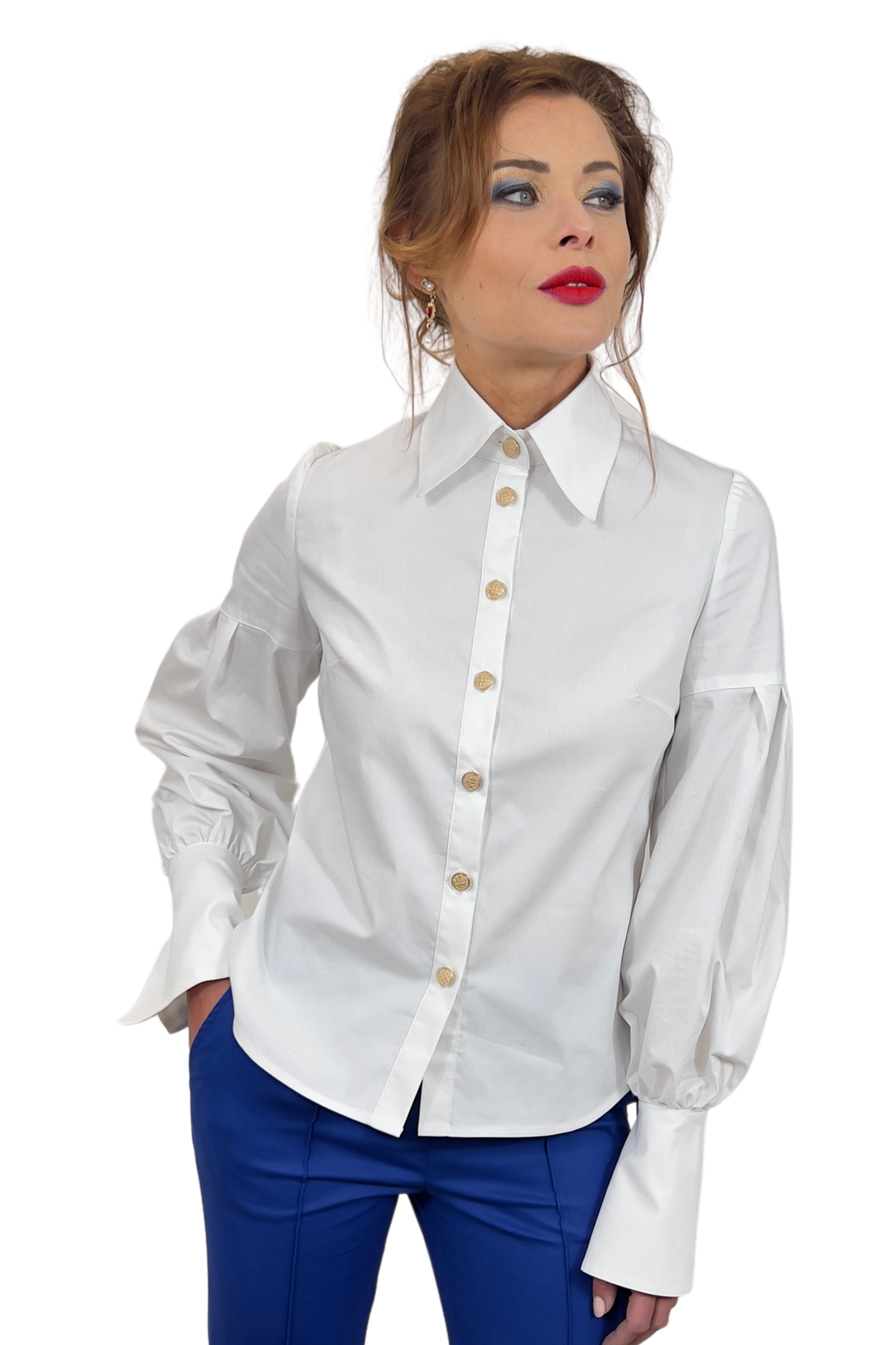 Elegant Handmade White Women's Cotton Shirt With Long Bishop Sleeves And Gold Buttons