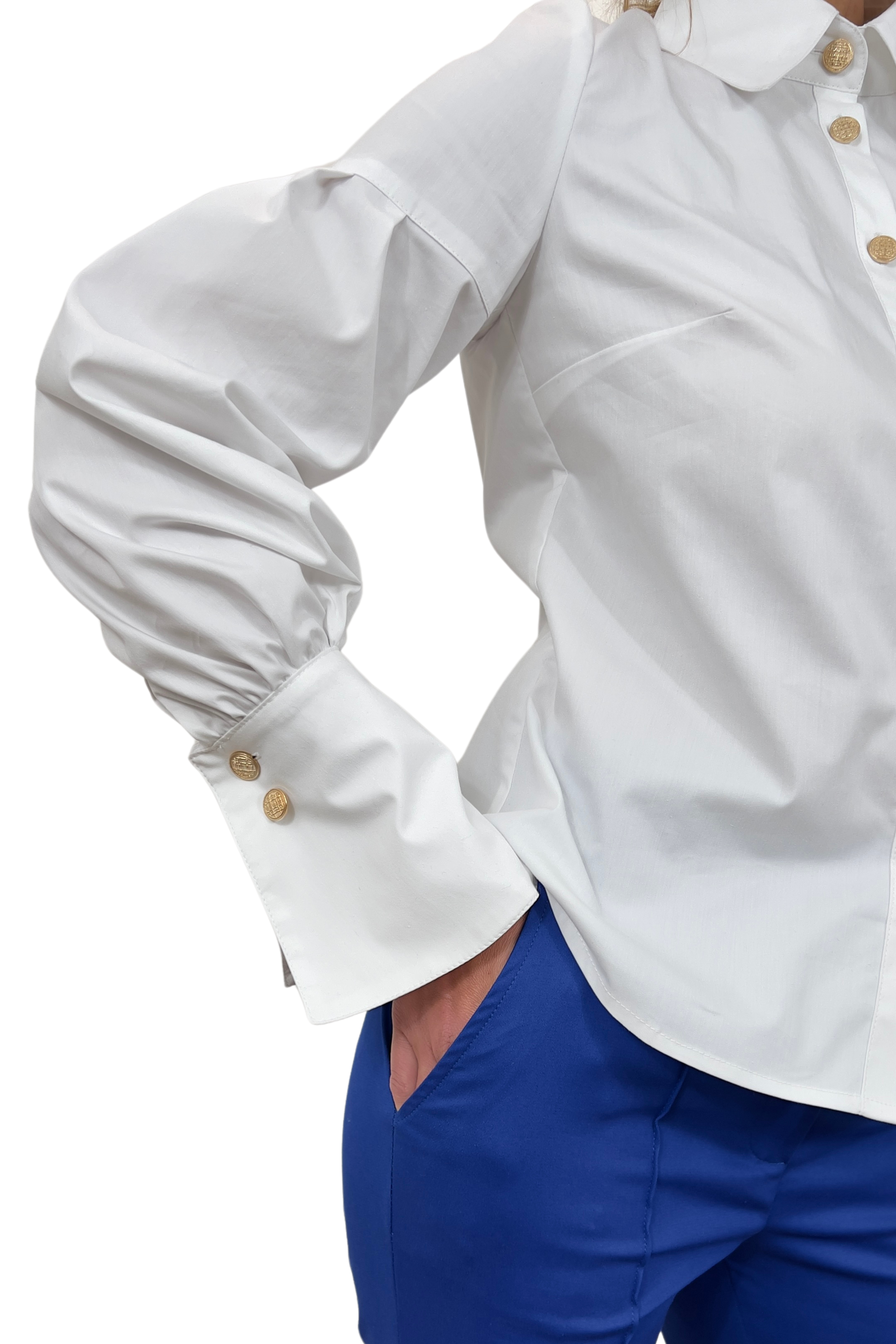Elegant Handmade White Women's Cotton Shirt With Long Bishop Sleeves And Gold Buttons