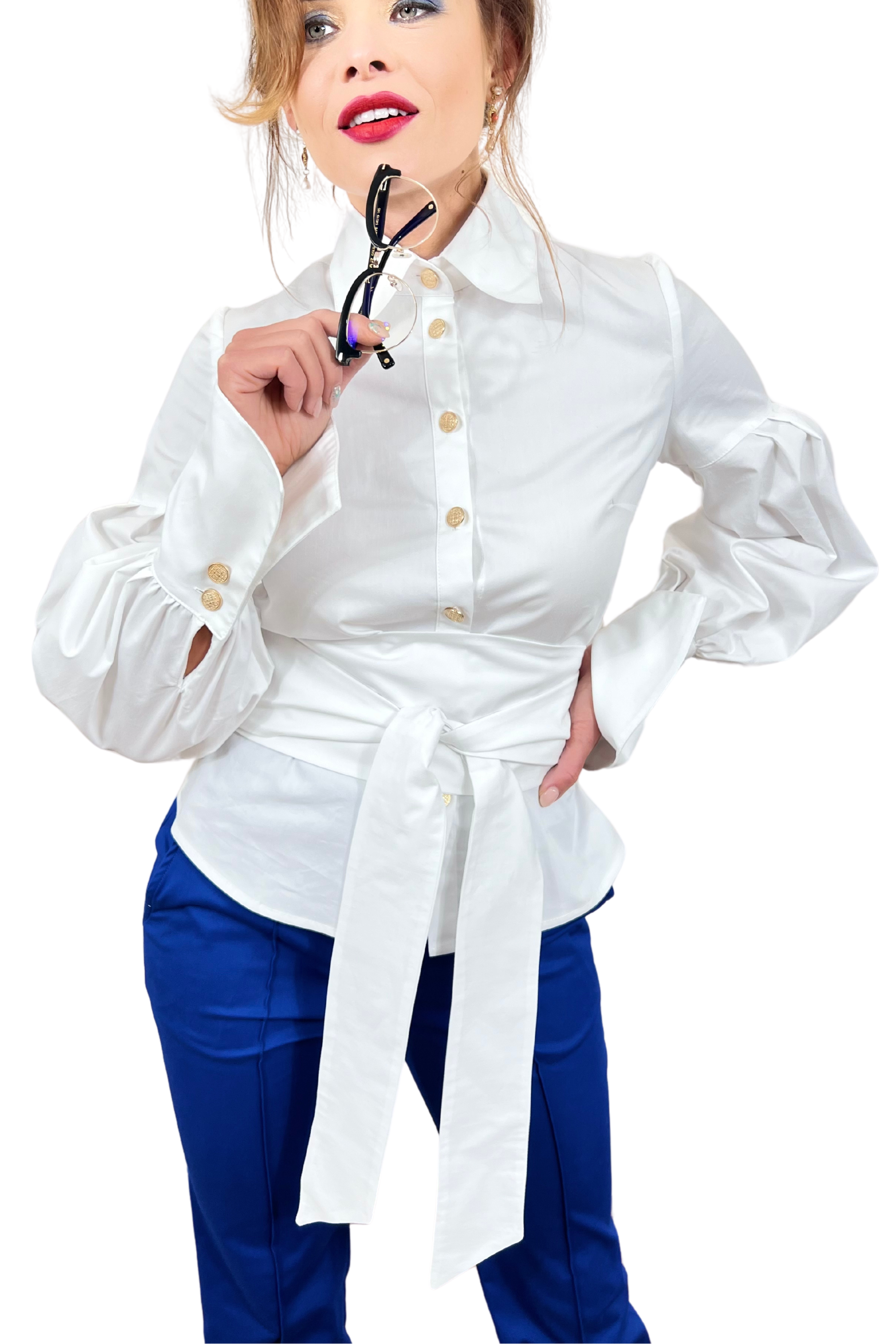 Elegant Handmade White Women's Cotton Shirt With Long Bishop Sleeves And Gold Buttons