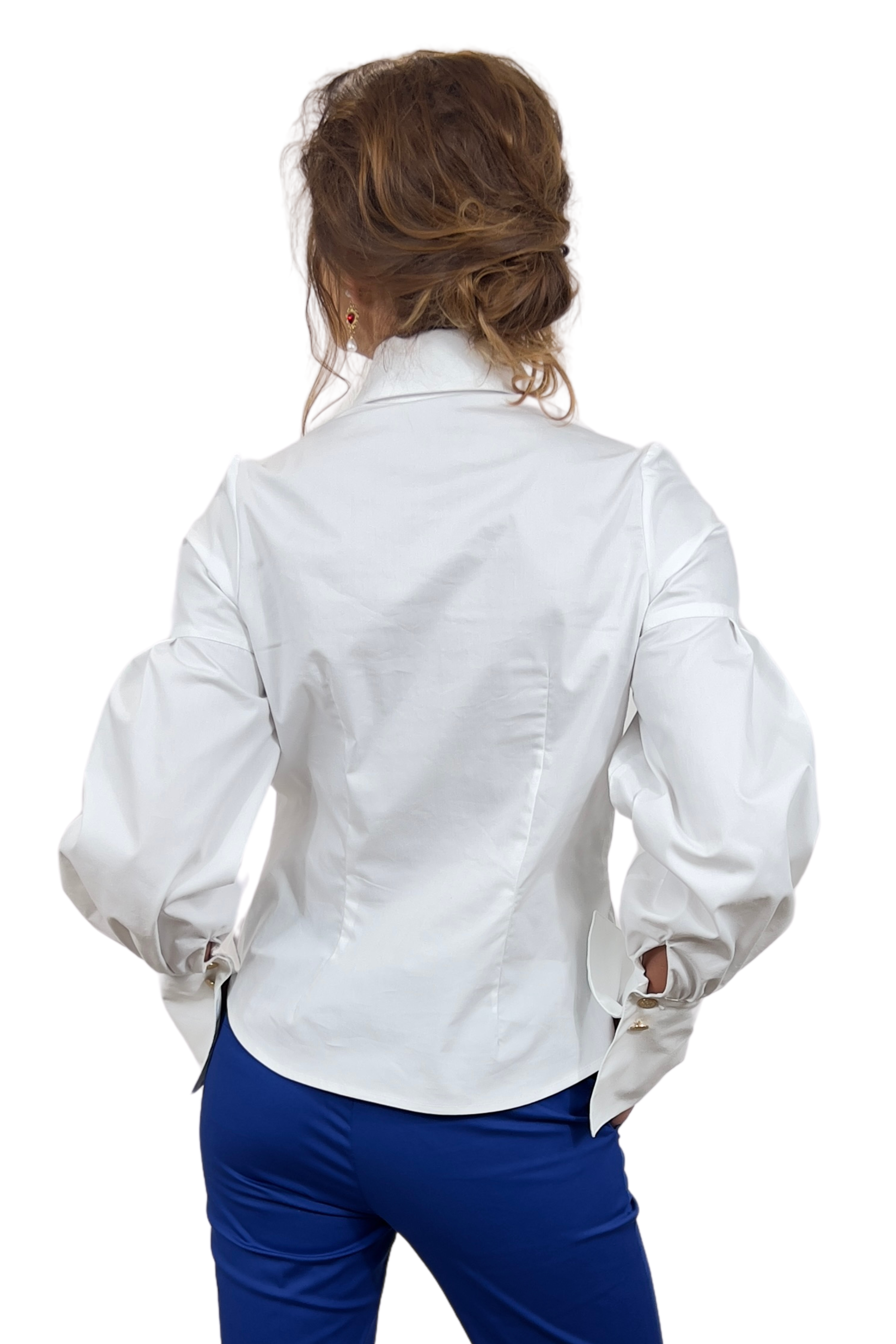 Elegant Handmade White Women's Cotton Shirt With Long Bishop Sleeves And Gold Buttons