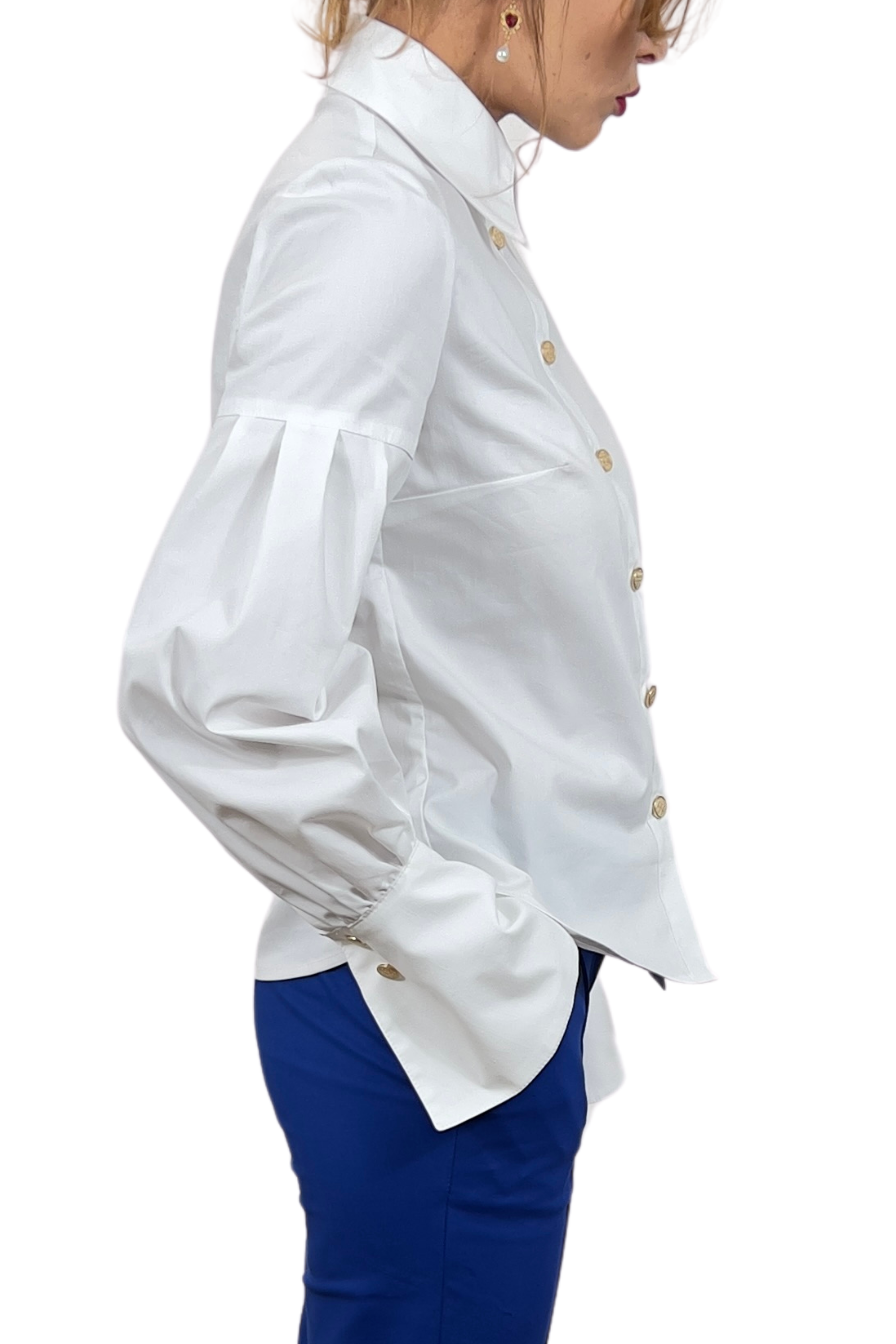 Elegant Handmade White Women's Cotton Shirt With Long Bishop Sleeves And Gold Buttons