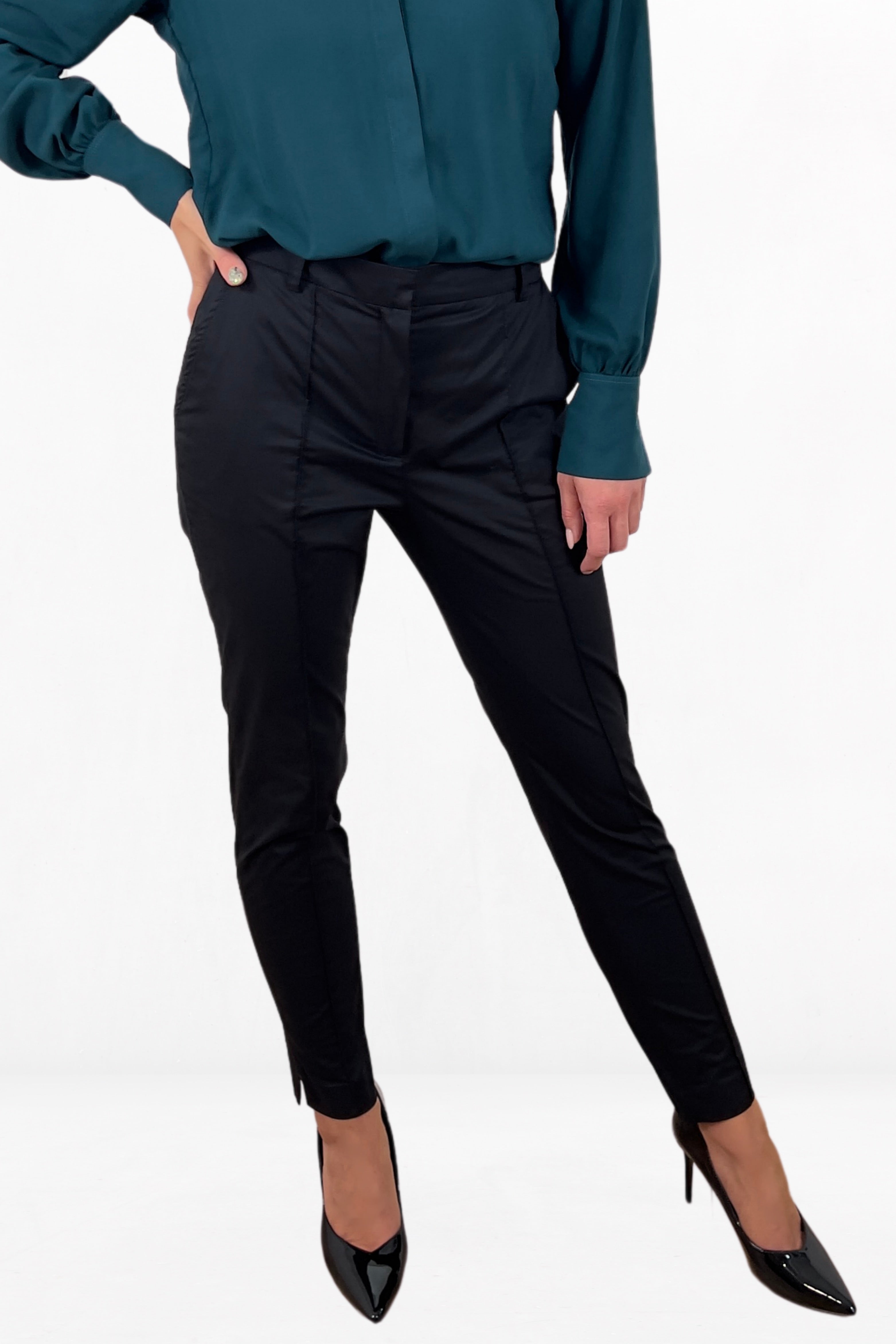 High Waisted Black Color Elegant Tapered Pants Slim Fit Silhouette Urban Trousers With Pockets