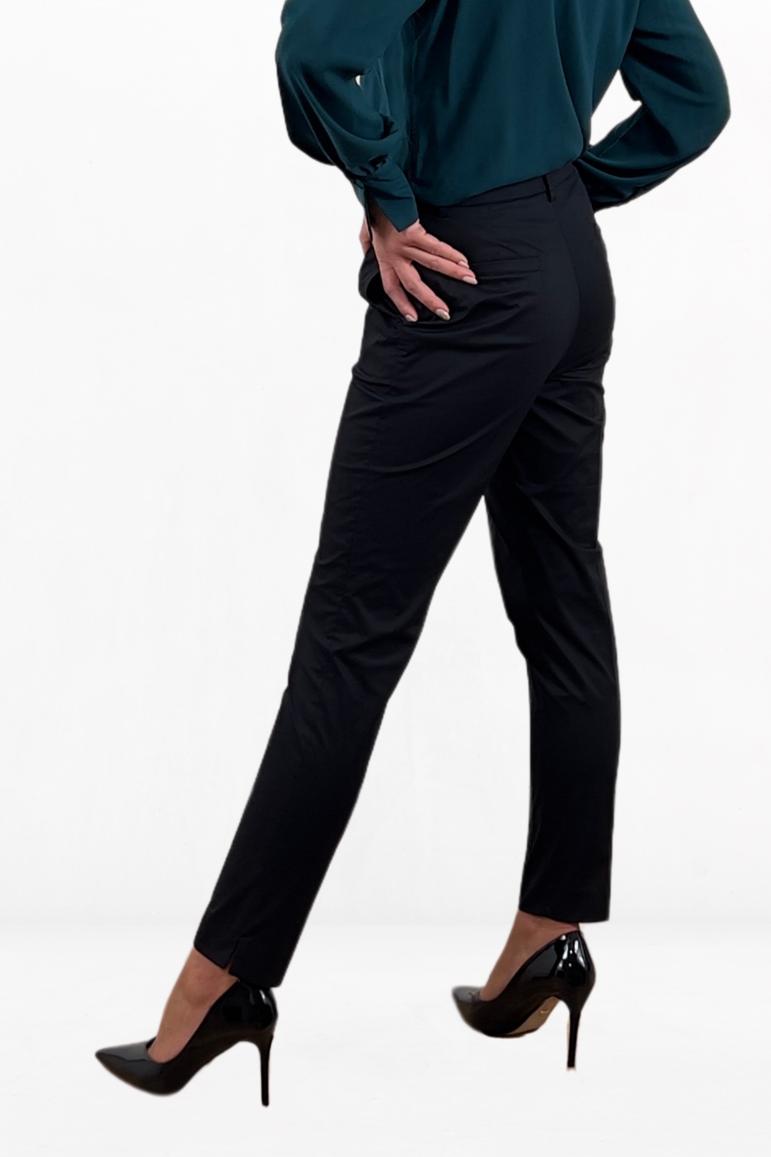 High Waisted Black Color Elegant Tapered Pants Slim Fit Silhouette Urban Trousers With Pockets