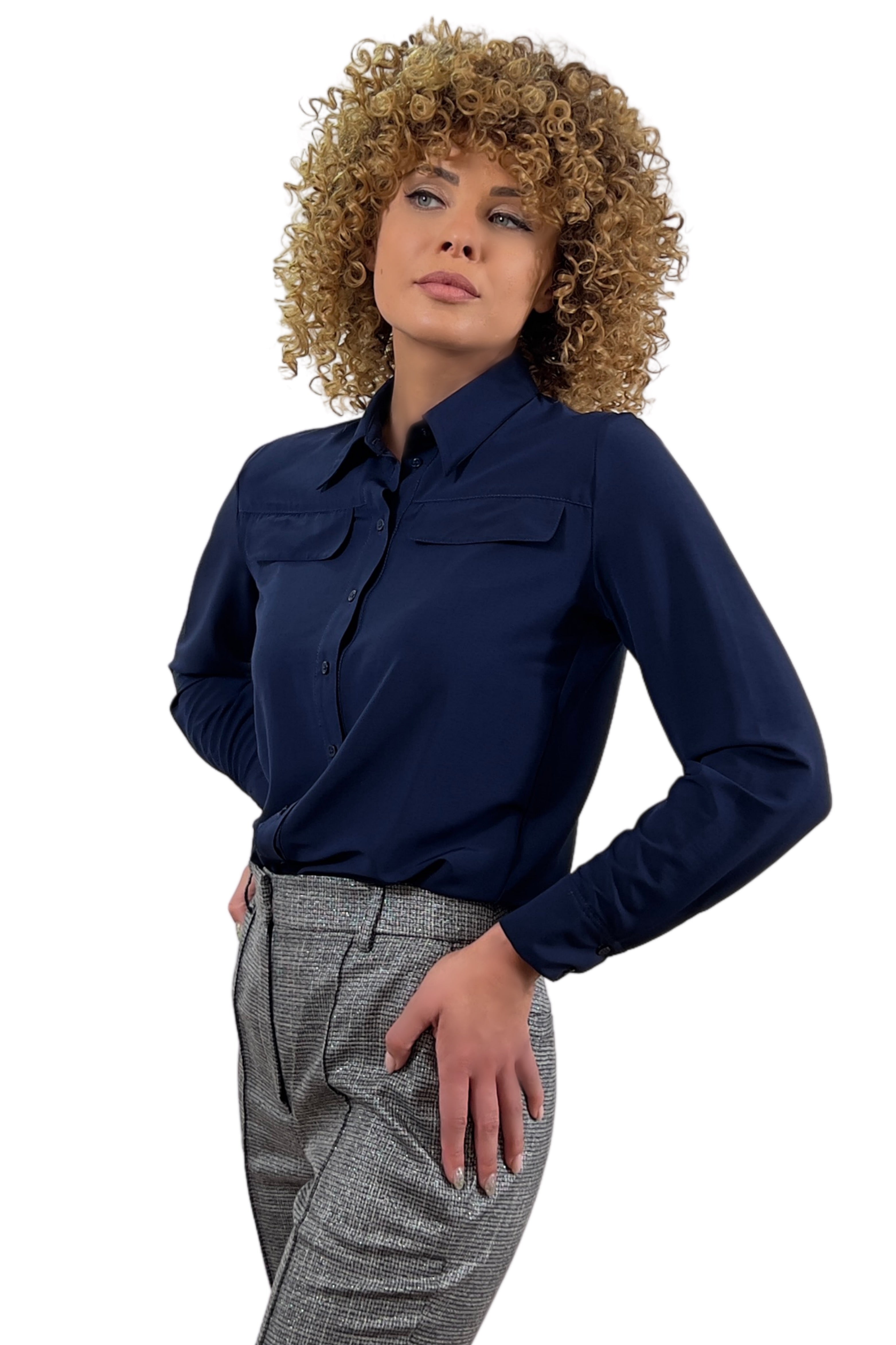 Elegant Office Women's Shirt - Navy Blue, Front Button, Long Sleeves JUDALINI Elegant Office Women's Shirt - Navy Blue, Front Button, Long Sleeves JUDALINI