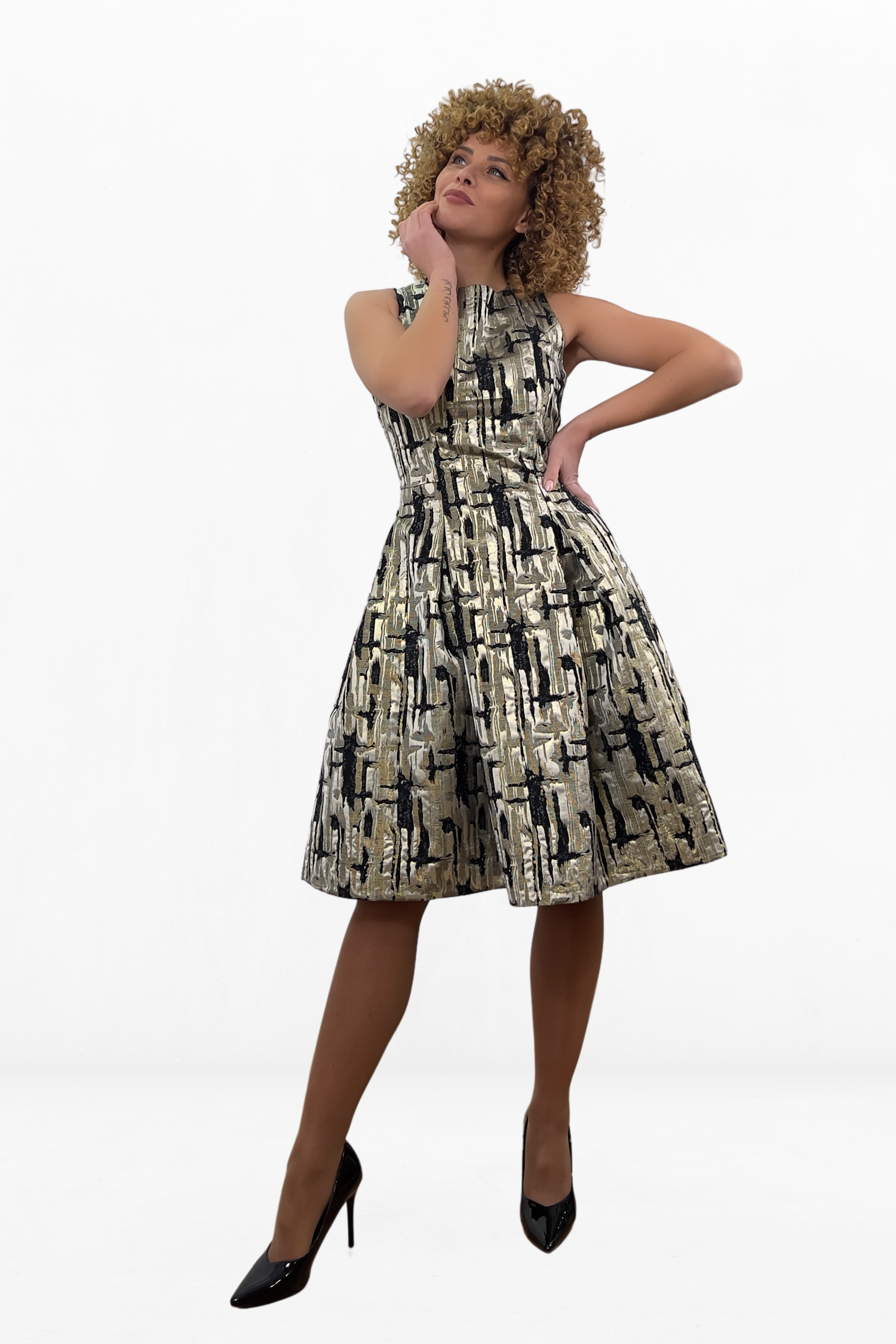 Gold Jacquard Dress with a Flared Silhouette and Knee Length