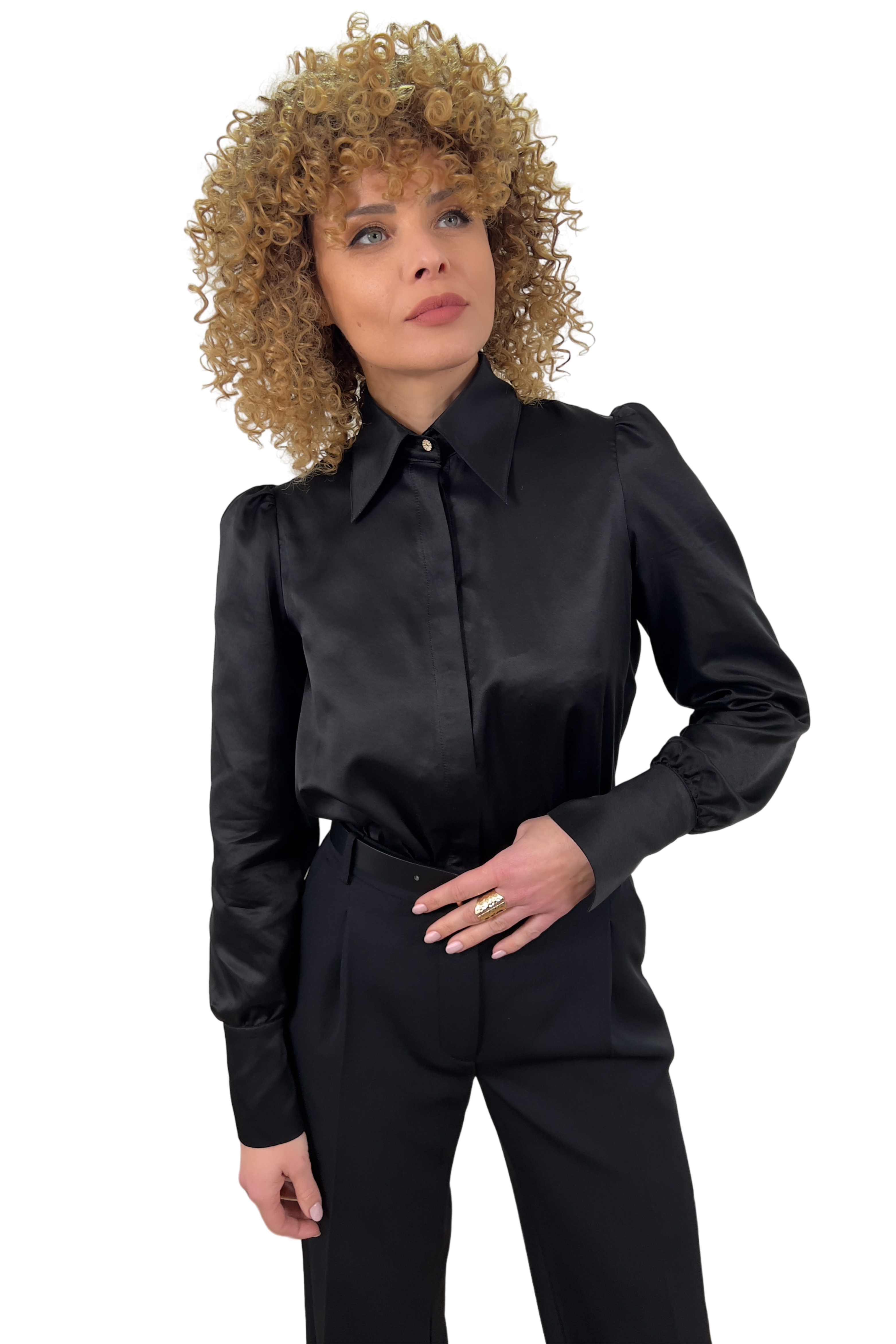 Elegant Black Women's Silk Blend Shirt with Accent Button