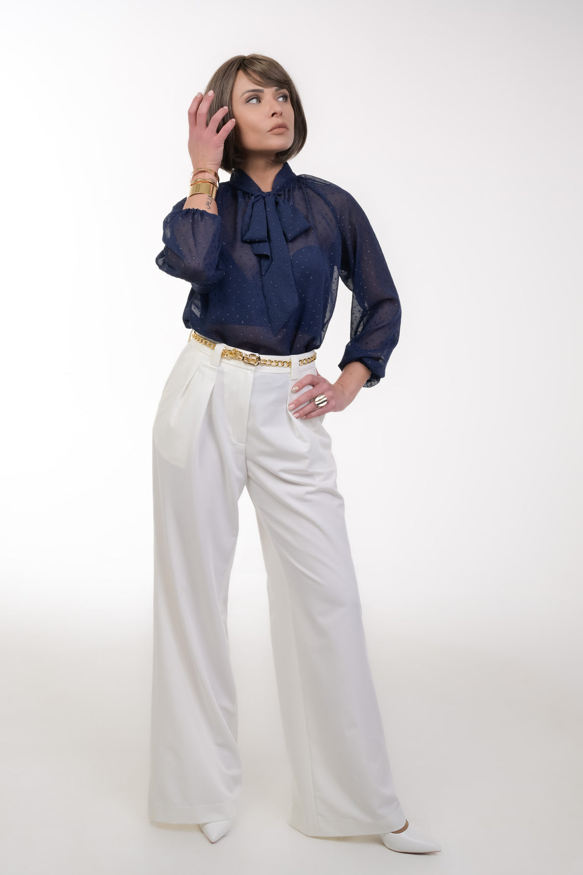 High Waist Women's Trousers with Double Pleats – Off White 